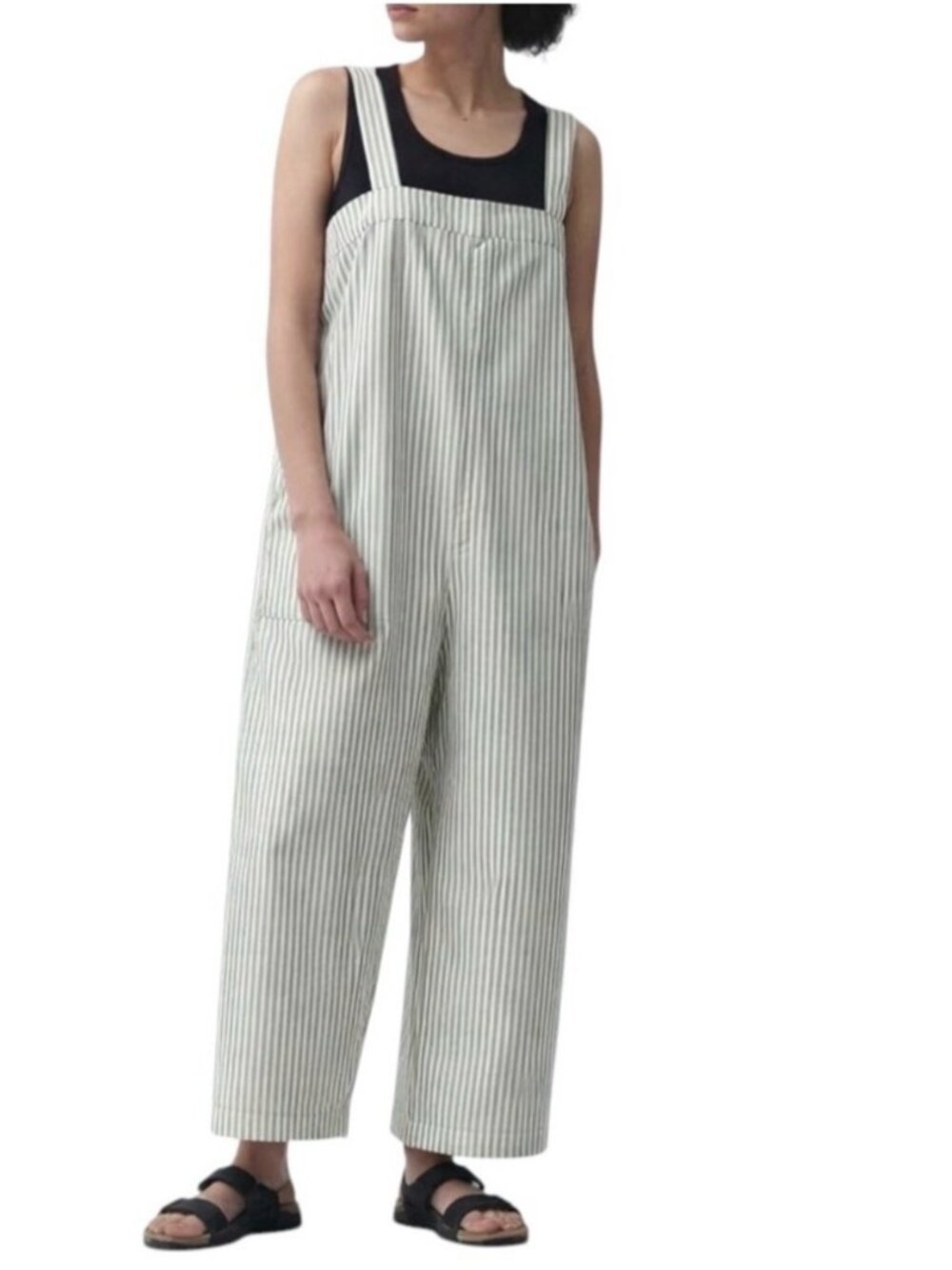 Uniqlo Striped Linen Blend Jumpsuit Overalls Size Medium White Green